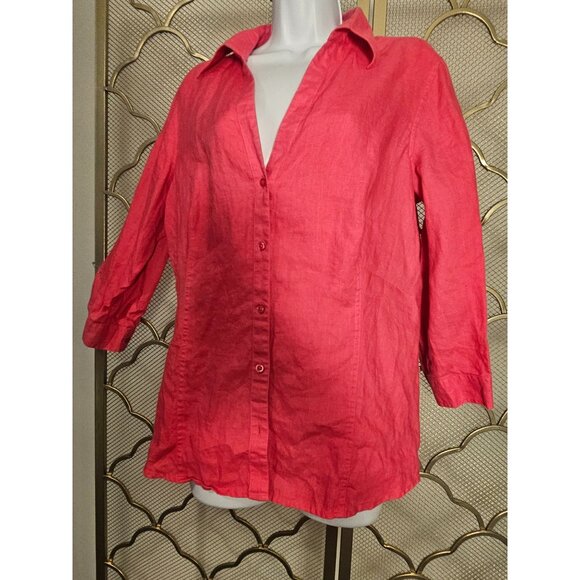 Talbots Women's Linen Button-Down Shirt L Bright Pink Preppy Modest Long Sleeve - Picture 3 of 5